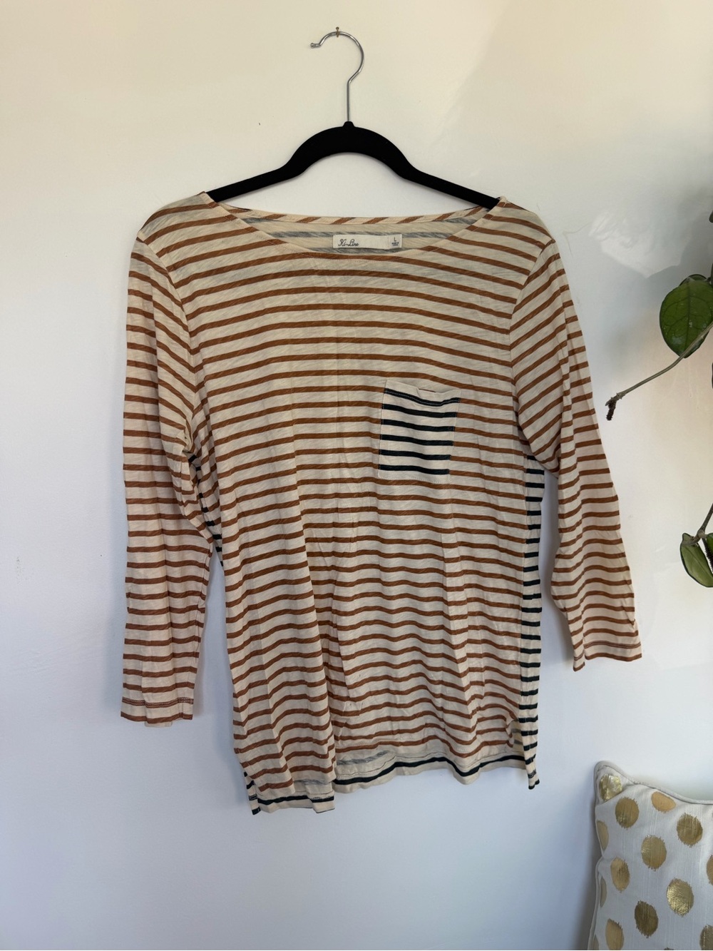 Madewell Tan & Cream Striped Long-Sleeve Boatneck Top with Contrast Pocket